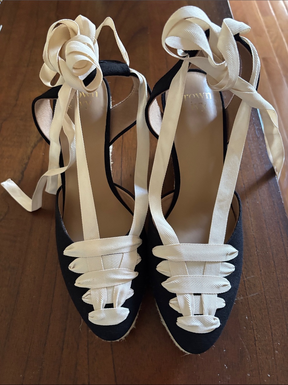 crown & ivy Black Espadrille Heels with Cream Lace-Up Ties
